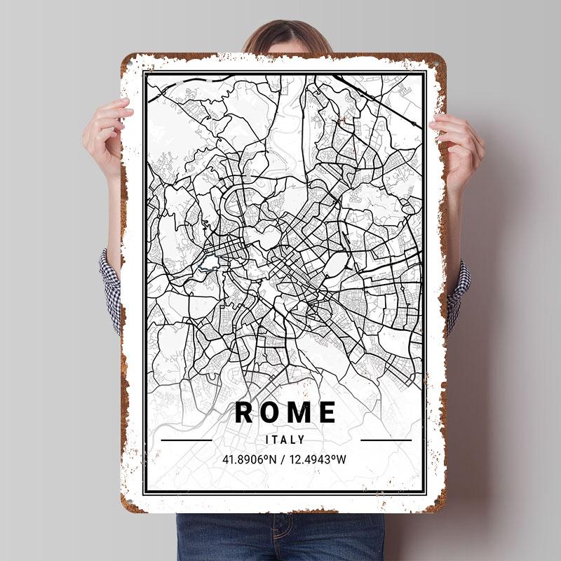 Rome City Map Tinplate Poster Custom Wall Art Vintage Metal Signs Retro Tin Plaque for Gaming Room Decoration Cozy House Home