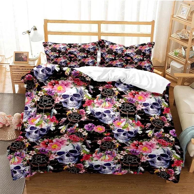 Sugar Skull Duvet Cover Set Queen Size Flowers Skeleton Bed Linen Double Bedding Set With Pillowcase King Size Skull Quilt Cover