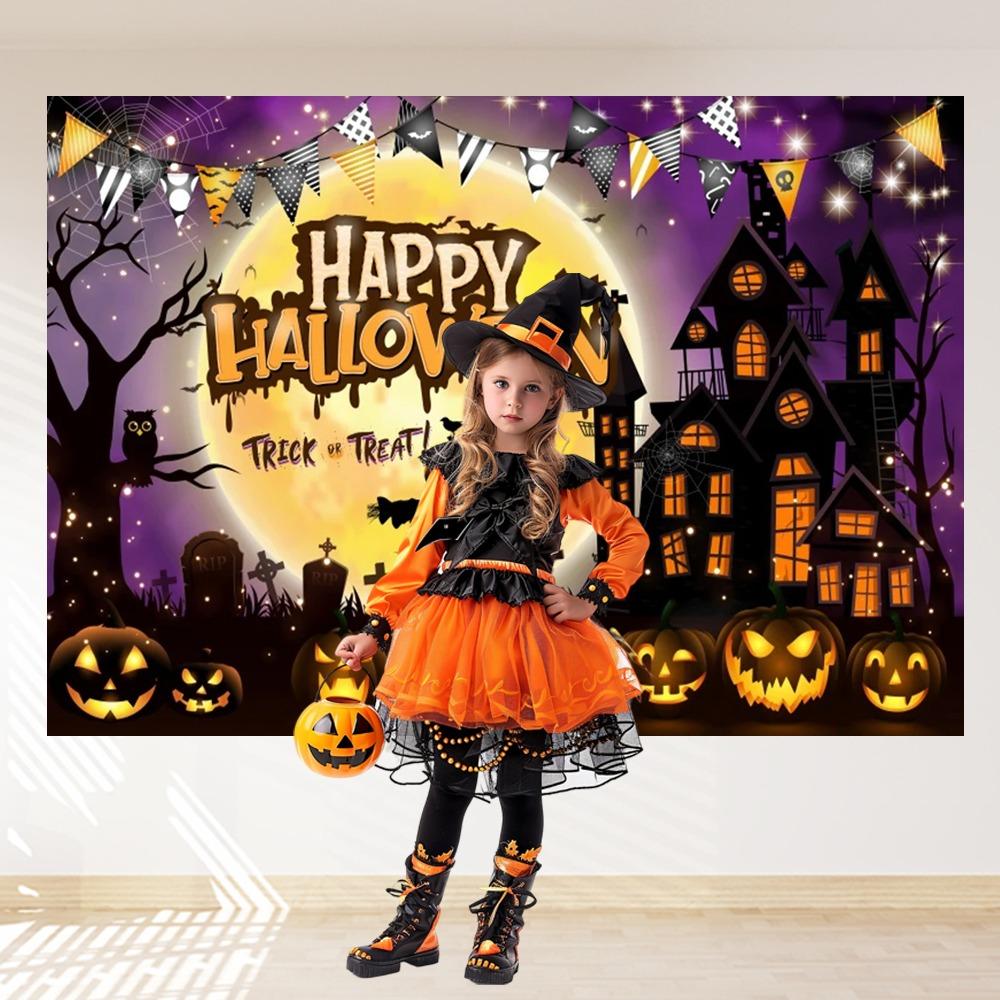 Happy Halloween Horror Castle Backdrop Full Moon Scary Night Halloween Background Skeleton Pumpkin Kids Cosplay Supplies Banner
