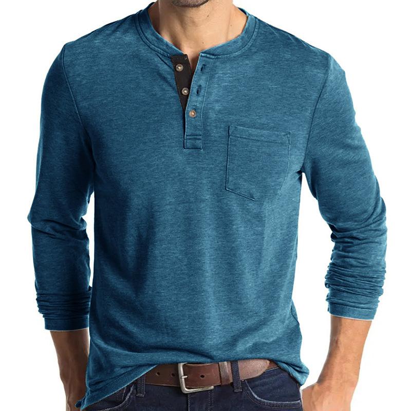 Beauty Vintage Casual Round Neck T-shirt Men's Solid Button Patchwork Pocket Trendy Versatile Cotton Breathable Long Sleeve Top