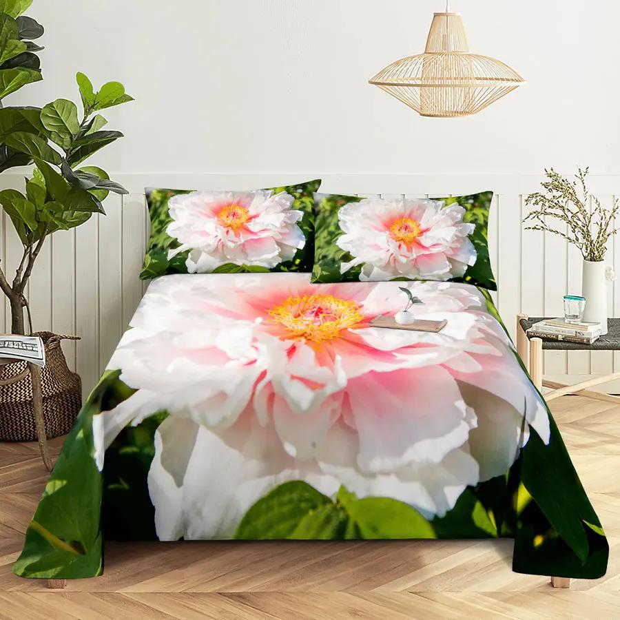 Pink Floral Bed Sheet Set Pillowcase Bedding Linens Cover Flower Queen King Twin Full Size for Single Double Bed Soft Thin