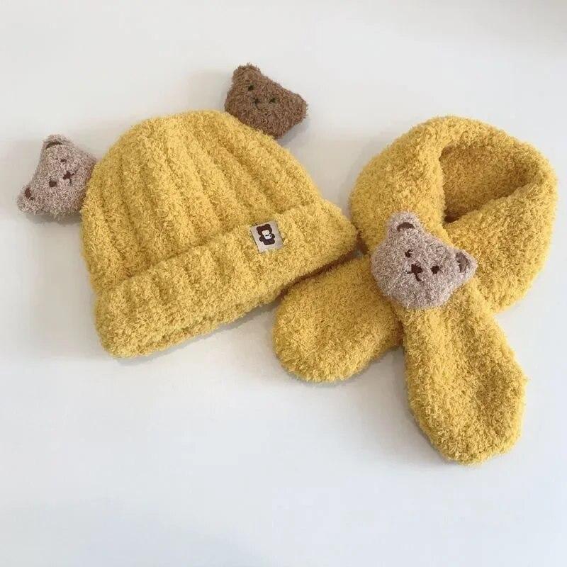 2pcs Little Bear Plush Baby Hat Autumn/Winter Baby Hat Scarf One Piece Set for Children's Warm Ear Protection Hat Super Cute