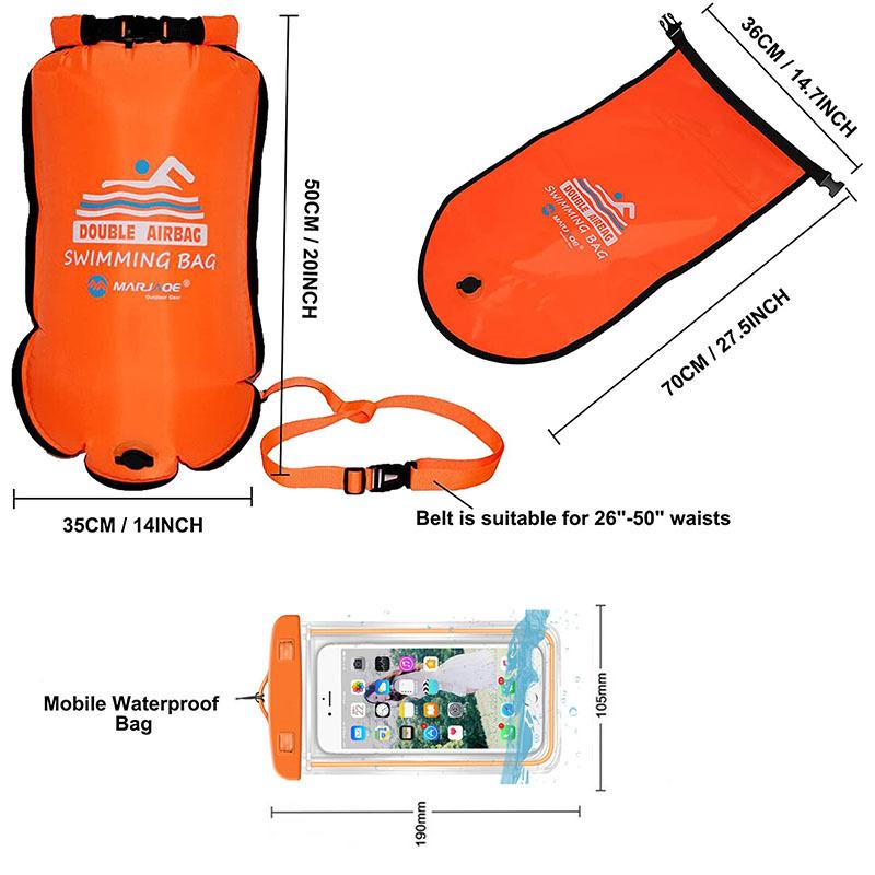 20L Waterproof Inflatable Swimming Dry Bag With Phone Pouch Open Buoy Tow Float Double Air Bags With Waist Belt Water Sport
