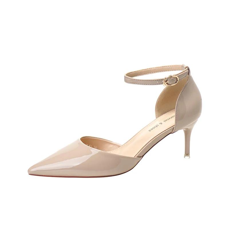 Новые модные туфли на высоком каблуке для женщин из лакированной кожи с острым носком и ремнем на щиколотке, женские туфли-лодочки, весенние туфли-лодочки телесного и черного цвета Talon Femme