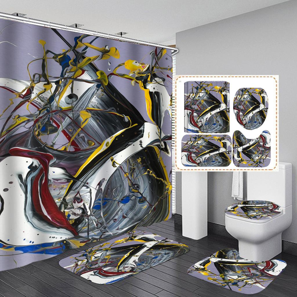 4Pcs Luxury Marble Shower Curtain Sets Bathroom Decor Sets with 12 Hooks Bath Mat Toilet Lid Rug and Non-Slip U Shape Mat