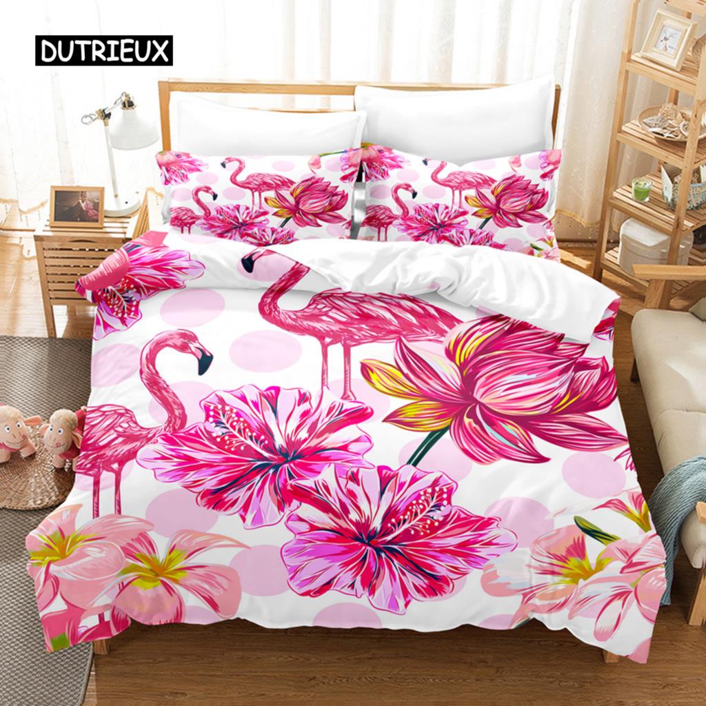 Комплект постельного белья с изображением фламинго, тропическое животное, комплект постельного белья с изображением листьев пальмы, полиэстер, тема природы, королевское одеяло, покрывало
