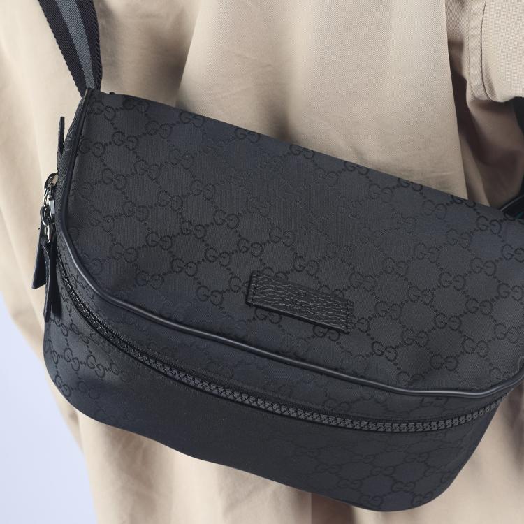 Gucci Double G Series Logo Print Striped Web Nylon Messenger Bag Men Messenger Bag Black 449182-G1XHN-8615