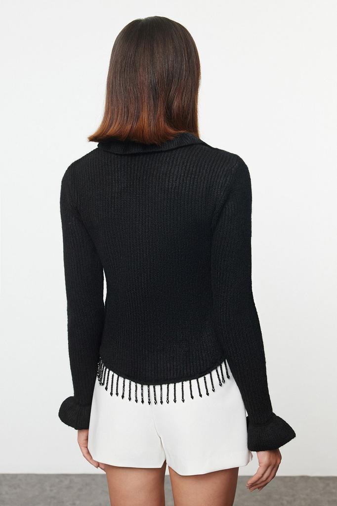 Женский модный стильный кардиган черного цвета, мягкий фактурный трикотажный кардиган с вышивкой камнями