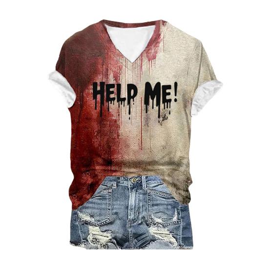Хэллоуин Кровавая футболка Цифровая печать Пятна крови Текст Футболка Женские топы с V-образным вырезом Повседневная одежда Смешная одежда ужасов