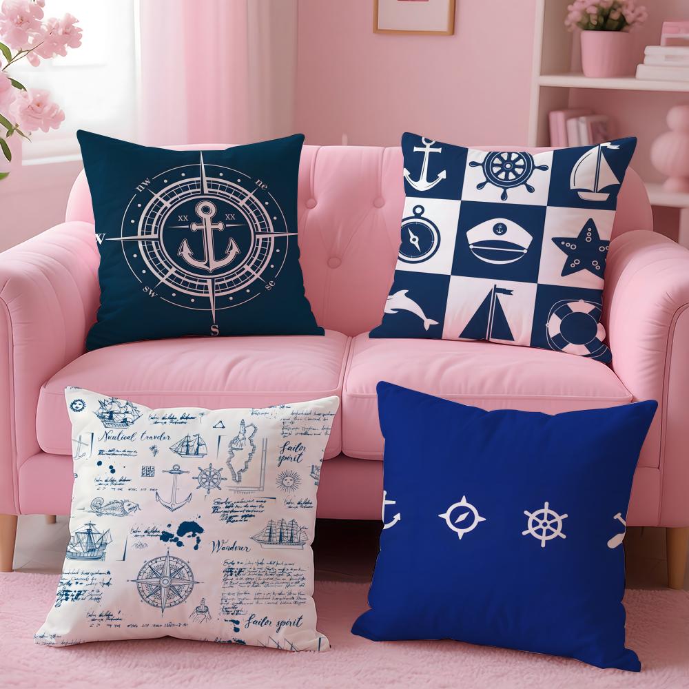 Ocean Blue Compass with Anchor Cushion Cover Pillow Case Soft Skin Friendly Fabric Concealed Zipper