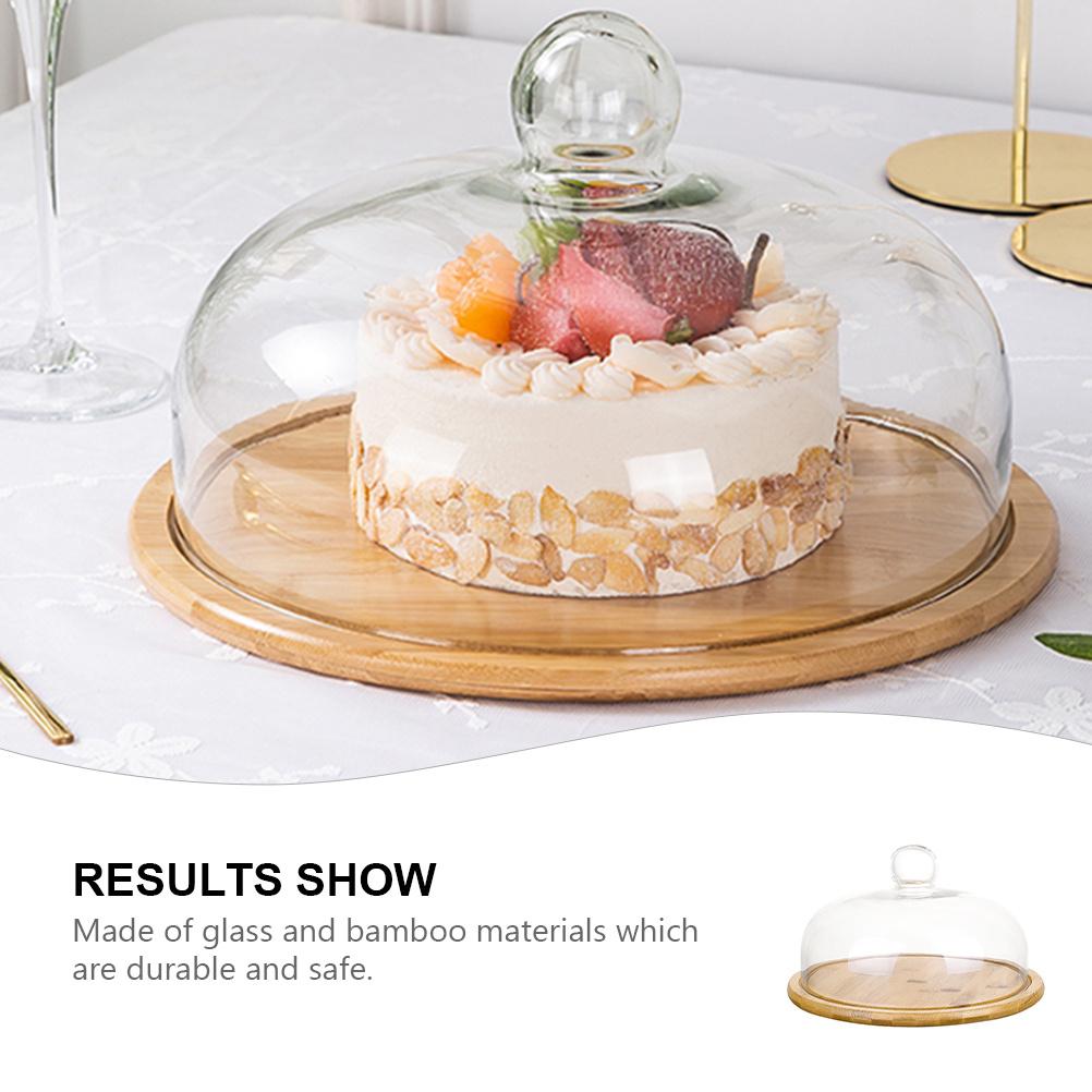 1 pc Display Plate Bamboo Tray Glass Useful Serving Plate Cover Dust Proof Food Serving Stand For Dessert Bread Pastry Snack