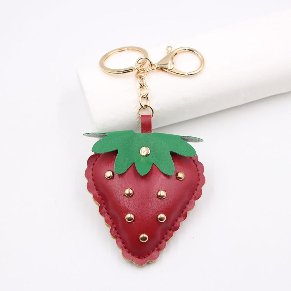 Studded Strawberry Car Keychain with Rivet Decoration PU Leather Key Ring Accessory Bag Pendant For Women Men