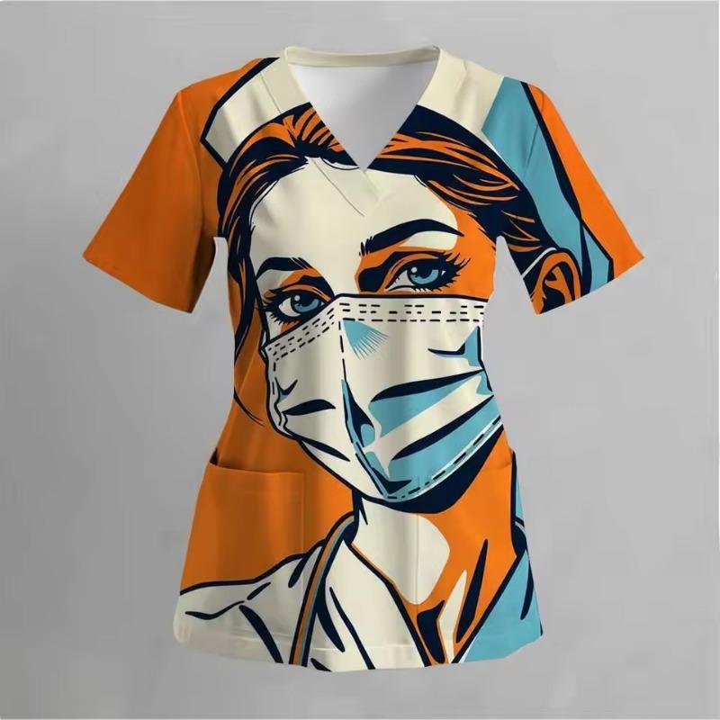 Женские топы для скраба, рабочая униформа, милые футболки с V-образным вырезом и принтом динозавров, с карманами, стоматолог, ветеринар, медсестра, хирургическая униформа, уход