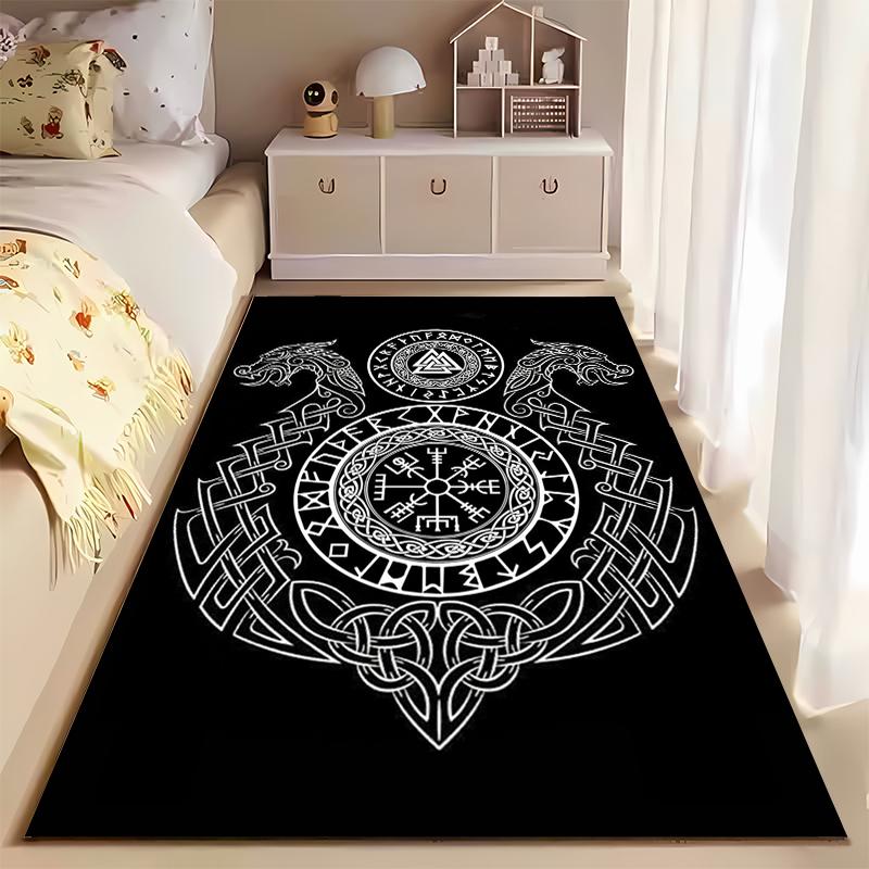 Area Rug, Vegvisir Viking Runic Compass Black White Dragon Knotwork Poster, Living Room Decor, Non-Slip Mat