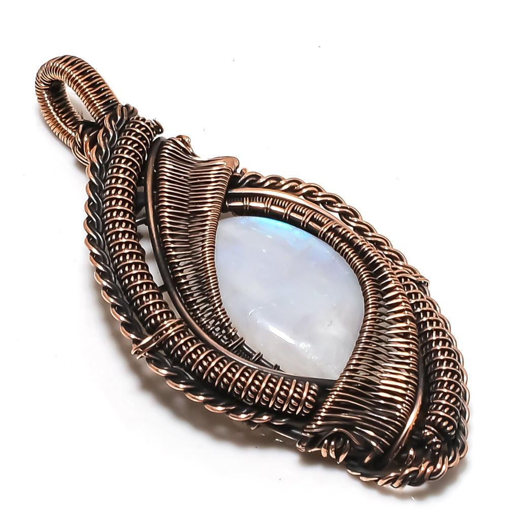 Кулон из Радужного Лунного Камня, Кулон Ручной Работы из Драгоценного Камня, Оплетенный Медной Проволокой 999 пробы, Антикварное Украшение, Для Подарка, Медное Украшение