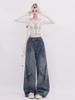 American Retro Button Tooling Jeans Women Spring High Waist Loose Drape Wide-leg Pants