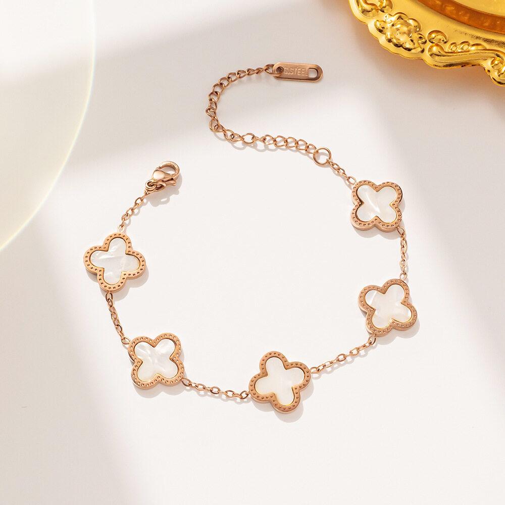 Темпераментный двусторонний браслет из нержавеющей стали, черный/цвет ракушки, четырехлистный клевер, элегантный браслет из розового золота