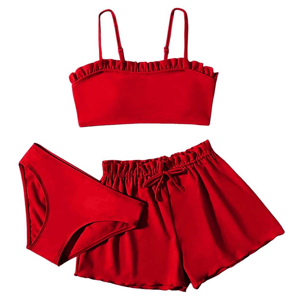 1Set Children's Solid Color Ruffled Two-piece Swimsuit Girls Three-piece Swimsuit Set