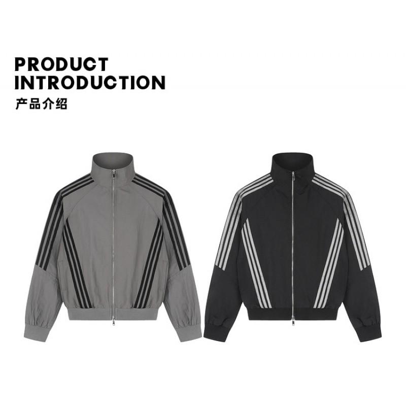 Unisex Retro Sporty Zip-Up Jacket With Stand Collar Triple Stripe Detail Loose Fit Nylon Outerwear