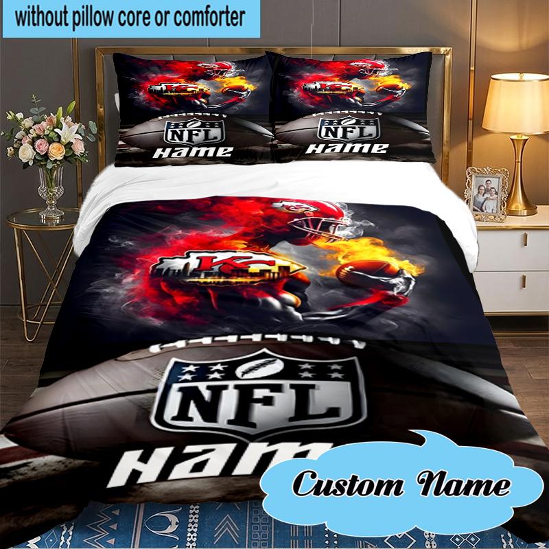 Custom Name Kansas Chiefs Helmet Bedding Set 3pcs, Bedding Set Including 1pc Duvet Cover And 2pcs Pillowcases for Bedroom, Dormitory Gift