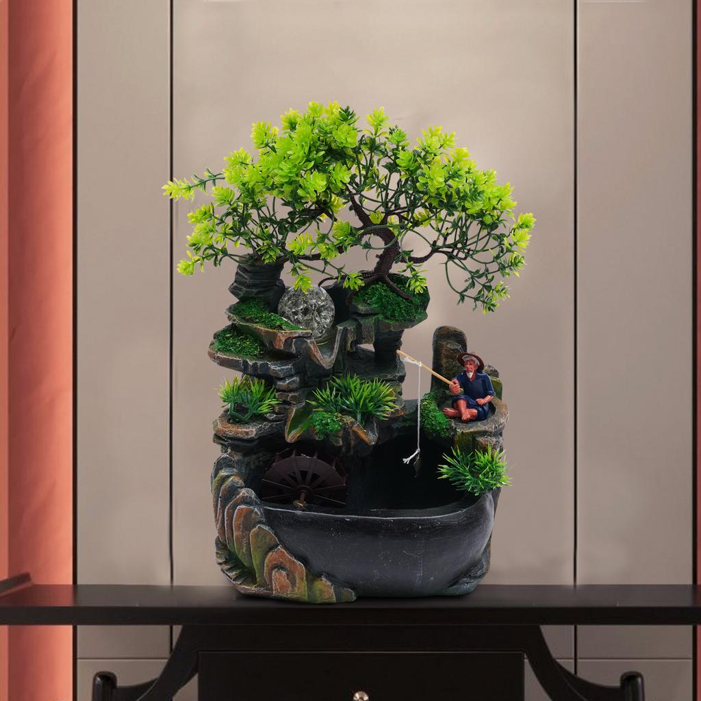 No Fog + Fishing Old Man Mini Mountain Fountain, Resin Zen Tabletop Waterfall Decor with Hidden Wiring, Stable Solid Base