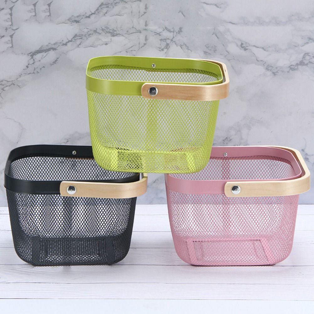 Solid Color Storage Organizer Basket Bamboo Handle Hanging Kitchen Baskets Picnic