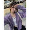 Purple New Hooded Long-sleeved Sweater Jacket for Women Early Autumn Loose Short Lazy Style Knitted Cardigan Top