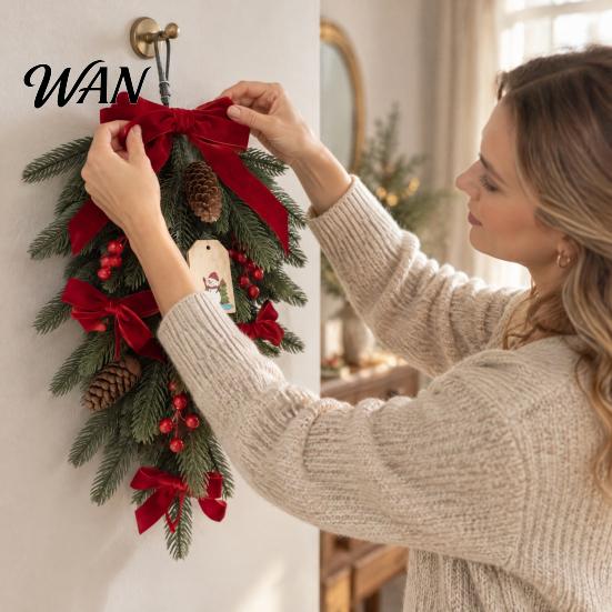 Christmas Teardrop Swag with LED Lights, Artificial PE Pine Hanging Decoration Reusable Gift for Friends Red Bow Pinecones Berries Front Door