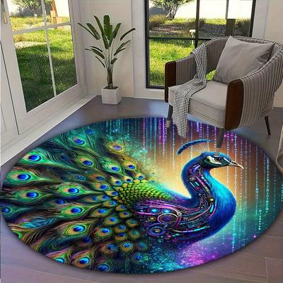 Ковер из кристального бархата Коврик с дизайном «Павлин» из кристального бархата - Яркие разноцветные перья Круглый коврик, Легкий, Ручная стирка