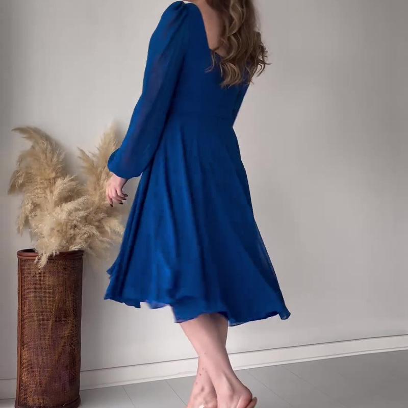 2024 Осень Европейский и Американский Ретро Однотонное Платье с Квадратным Вырезом Элегантное с Длинным Рукавом