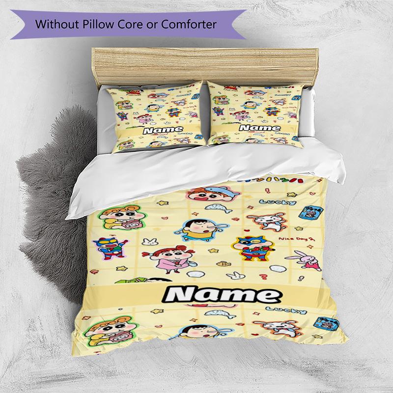 3pcs Duvet Cover Set (1*Duvet Cover + 2*Pillowcase, Without Core), Custom Name Cartoon comics Pattern Bedding Set, Home Bedroom Decor Gift