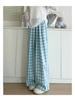 Petite Blue & White Checkered High Waist Summer Pants - Women's Casual Straight Leg Stroll Style