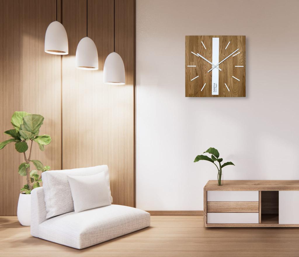 Wooden wall clock Oak Classic 50cm white SQ