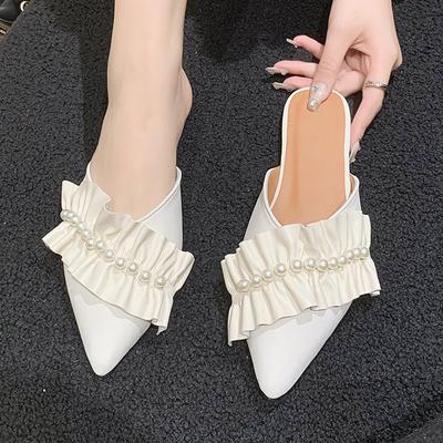 Женские туфли на плоской подошве Мюли Модные оборки Плиссированные сандалии с жемчугом Сексуальные кружевные туфли-лодочки с острым носком Уличные тапочки Женские мокасины Повседневная обувь