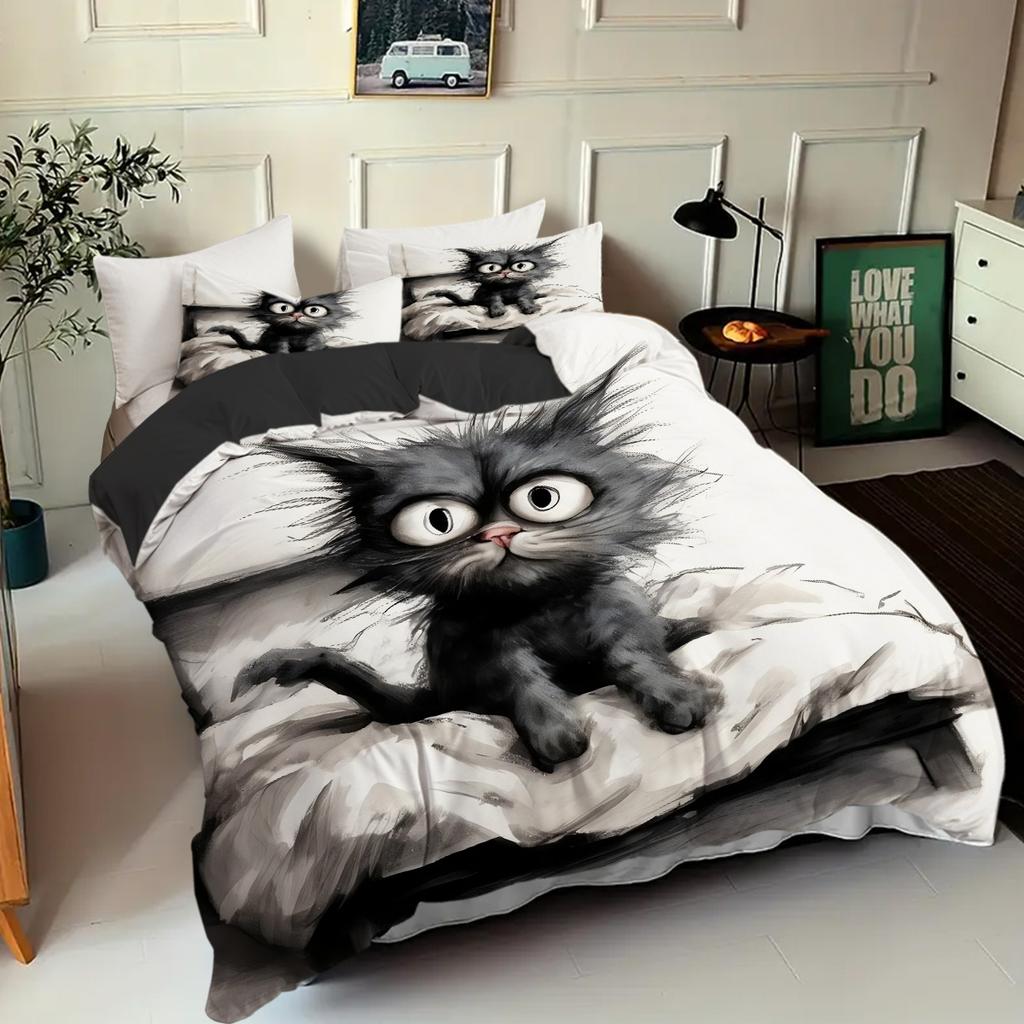 Cartoon Black Cat 3D Printed Duvet Cover Set Pillowcases Soft Comfortable Luxury Bedding Home Decor Animal Theme Quilt Cover Set