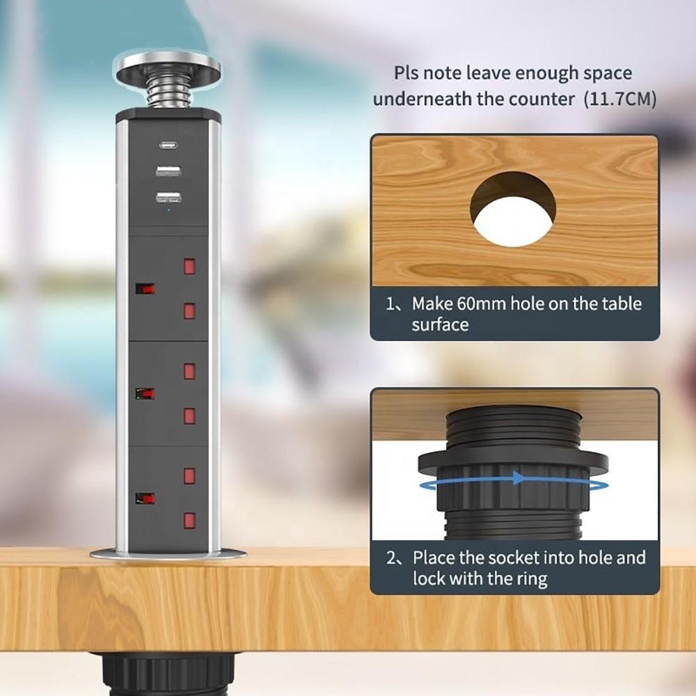 Smart Table Pop up Power Socket 3 Outlet USB TYPE-C Tabletop Plug Household Multi Functional Hidden Power Strip