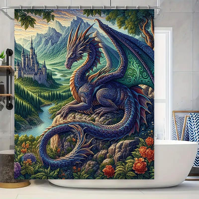 Fantasy Dragon Bath Mat Shower Curtain Set Medieval Castle Landscape with Greenery Blue Purple Red Floral Design Decor for Bathr