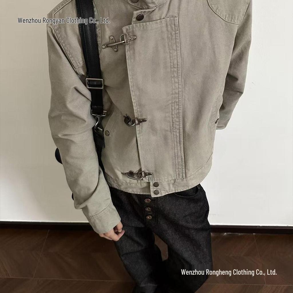 Unisex Retro Distressed Patchwork Airplane Buckle Jacket - Original Design, Loose Fit, Short Coat.