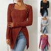 Women's Fashion Tops Knitted Ribbed Buttons U-neck Long Sleeves High Side Slit Straight Pullover Versatile Casual T-Shirt