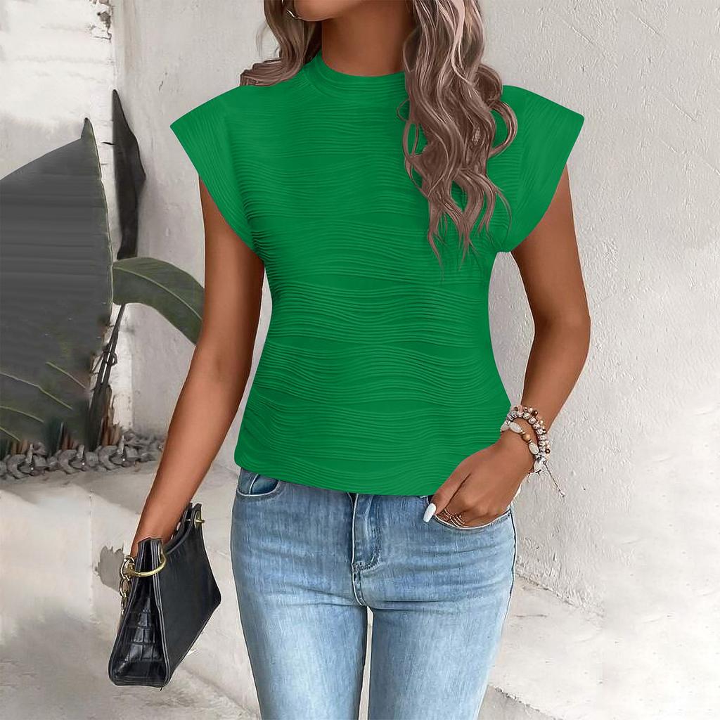 Women's Wave Textured Round Neck Pullover Sleeve Top, Casual Solid Short Sleeve Pullover