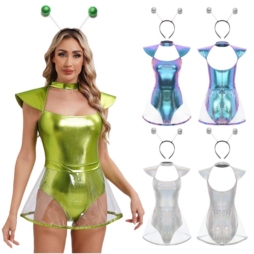 Womens Space Alien Cosplay Costume Fly Sleeve Cutout Briefs Bottom One Piece Bodysuit with PVC Skirt Hair Hoop Headband