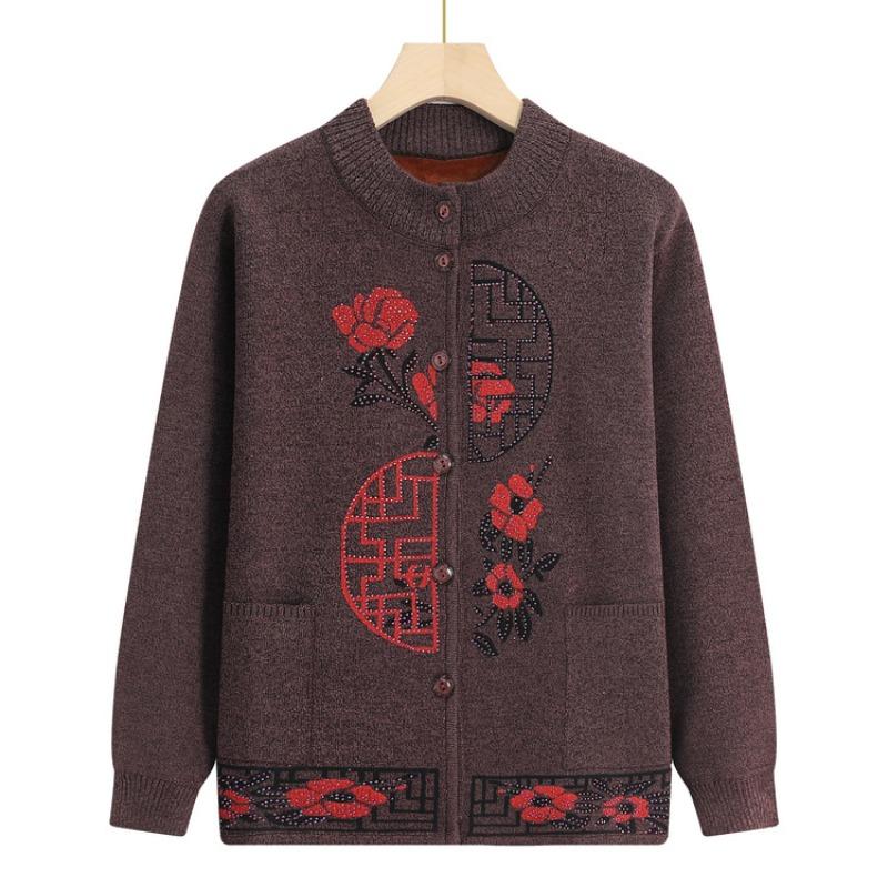 Middle-aged and Elderly Autumn and Winter Cardigan Top, Female Grandma Fleece Thickened Warm Jacket, Festive Knitted Sweater Mother Outfit