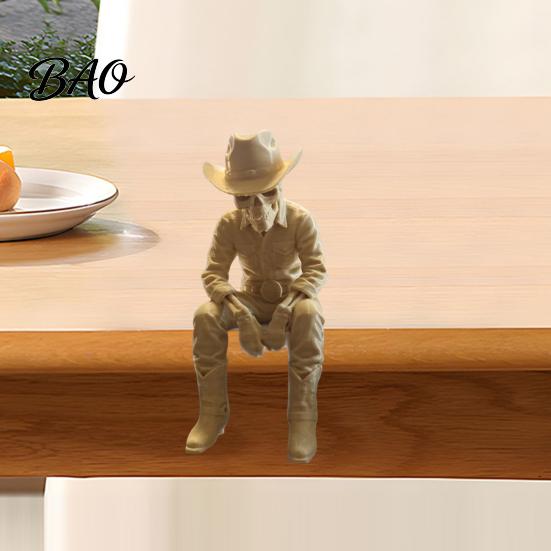 Western Theme Party Supplies 3D Printed Cowboy Skeleton Figurine, Sitting Statue Edge Rustic Desk Decor Sitter, West Style Desktop Shelf for