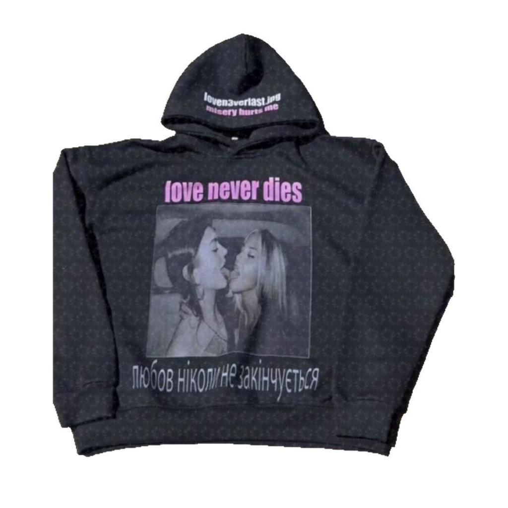 Винтажное худи Y2K с темным принтом и длинными рукавами - европейский и американский тренд уличной моды