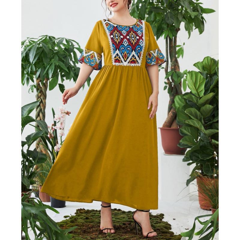 Plus Size Women's New Vintage Print Patchwork Elastic Waist Cover Belly Long Dress