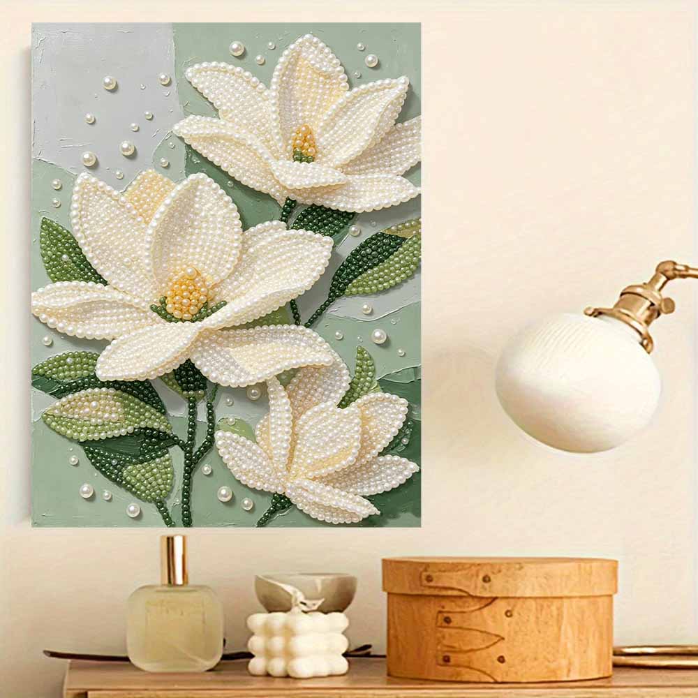 Unique 5D Framed Pearl Painting Kit with White Magnolia Flower Sparkling Bead Art Canvas DIY Handmade Craft for Living Room Decor