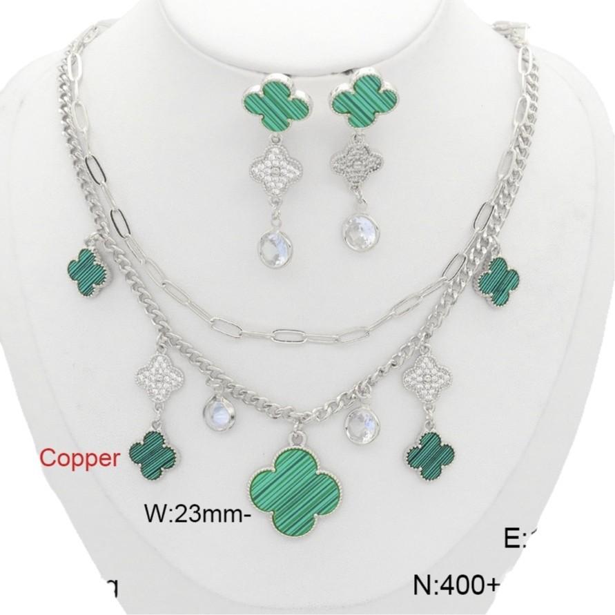 2PCS Fashion Double Necklace Earrings Copper Jewelry Set Stacked Clover Jewelry