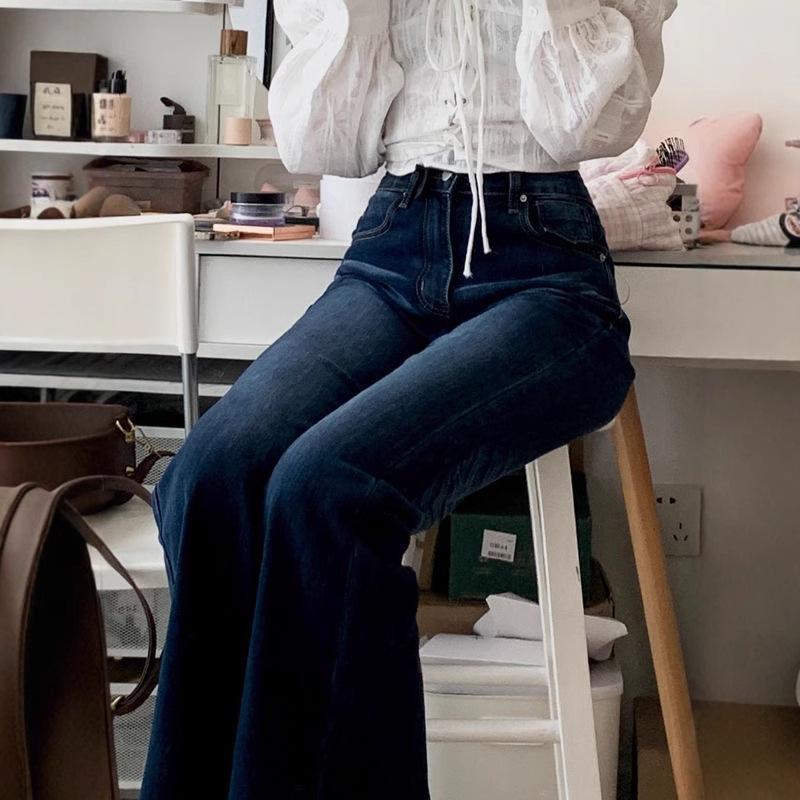 Women's High Waist Retro Blue Flared Jeans - Slimming, Casual, Versatile Long Pants