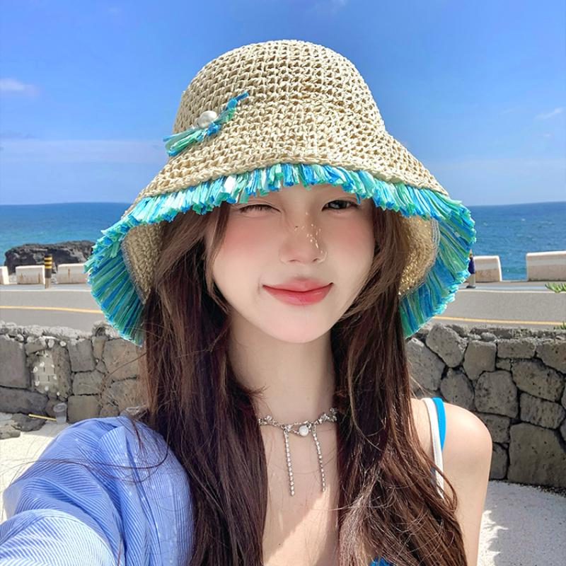 Свежая мятно-зеленая кружевная соломенная шляпа для женщин 2024 года, летняя дорожная шляпа с большими полями, защита от солнца, универсальная складная повседневная шляпа-ведро
