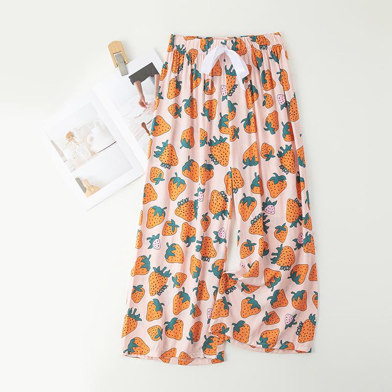 Женские пижамные брюки больших размеров из хлопка и вискозы, с мультяшным цветочным принтом, свободные девятиточечные пляжные брюки, для улицы